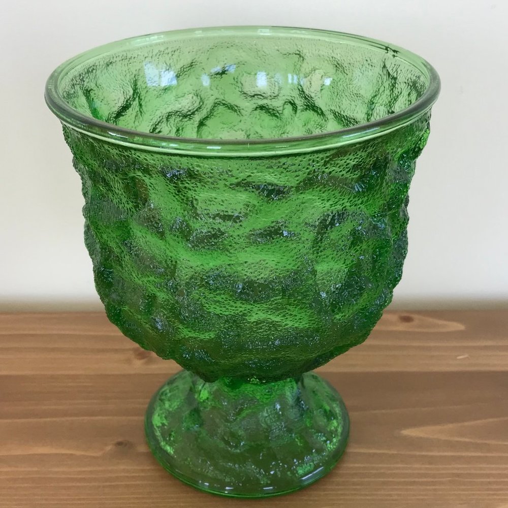 Green Crinkle Glass Widemouth Pedestal Vase Vintage EO Brody Flower Bowl A102